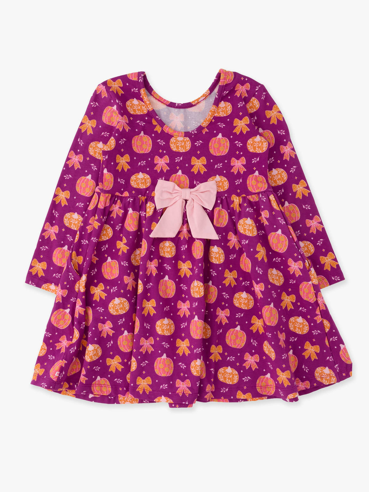 Girls Pumpkin Bow Patch Knit Long Sleeve Twirl Dress