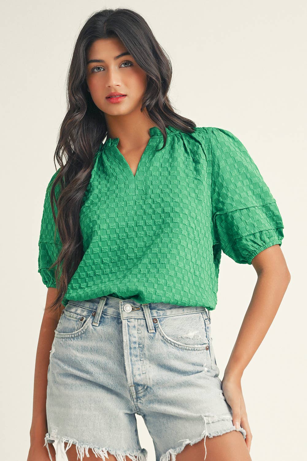 LDC Textured Puff Short Sleeve Notched V Neck Top