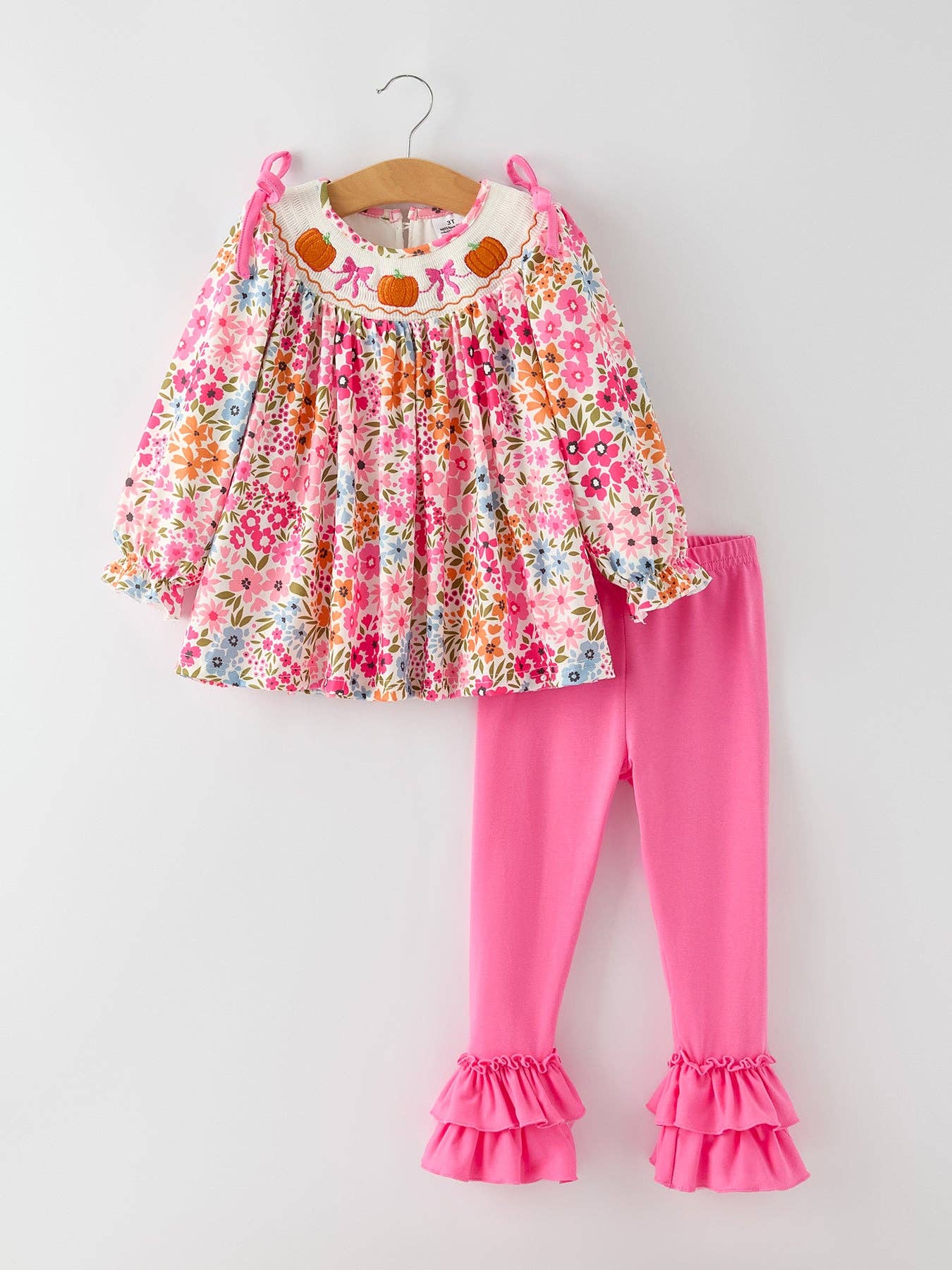 Fall Thanksgiving Pumpkin Embroidered Ruffled Pink Leggings Girls Set