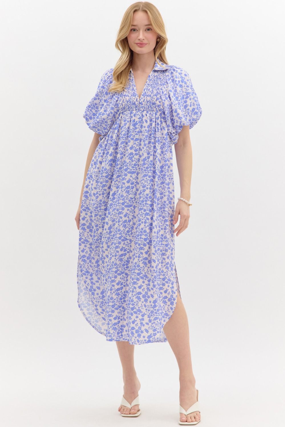 Blue Ditsy Floral Midi Dress