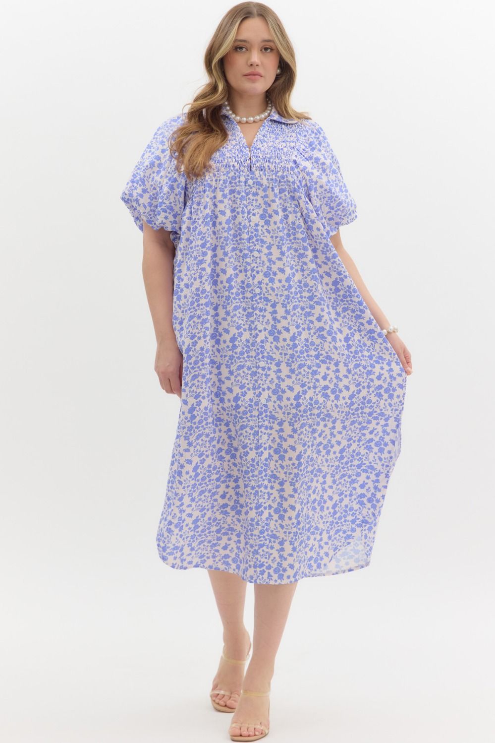 Blue Ditsy Floral Midi Dress