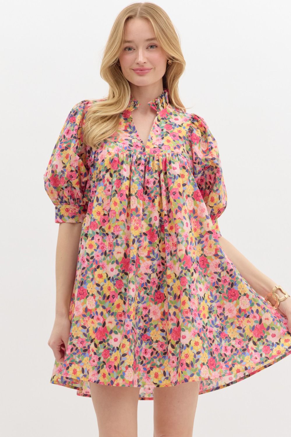 Colorful Floral Print V Dress