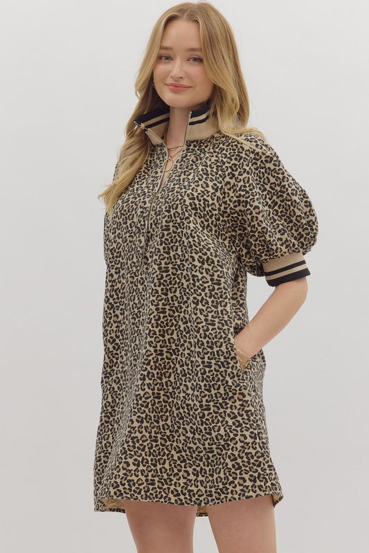 Leopard Raglan Puff Sleeve Dress