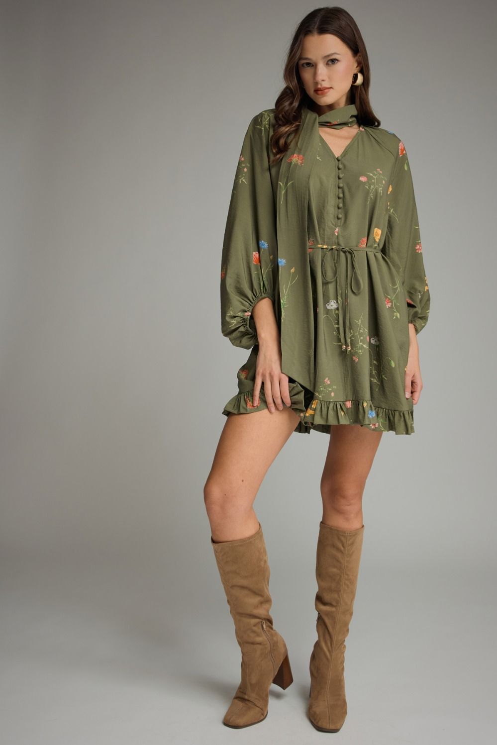 Green Floral print V-neck Dress
