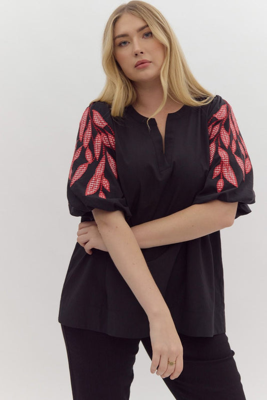 Leaf Embroidered Bubble Sleeve Top