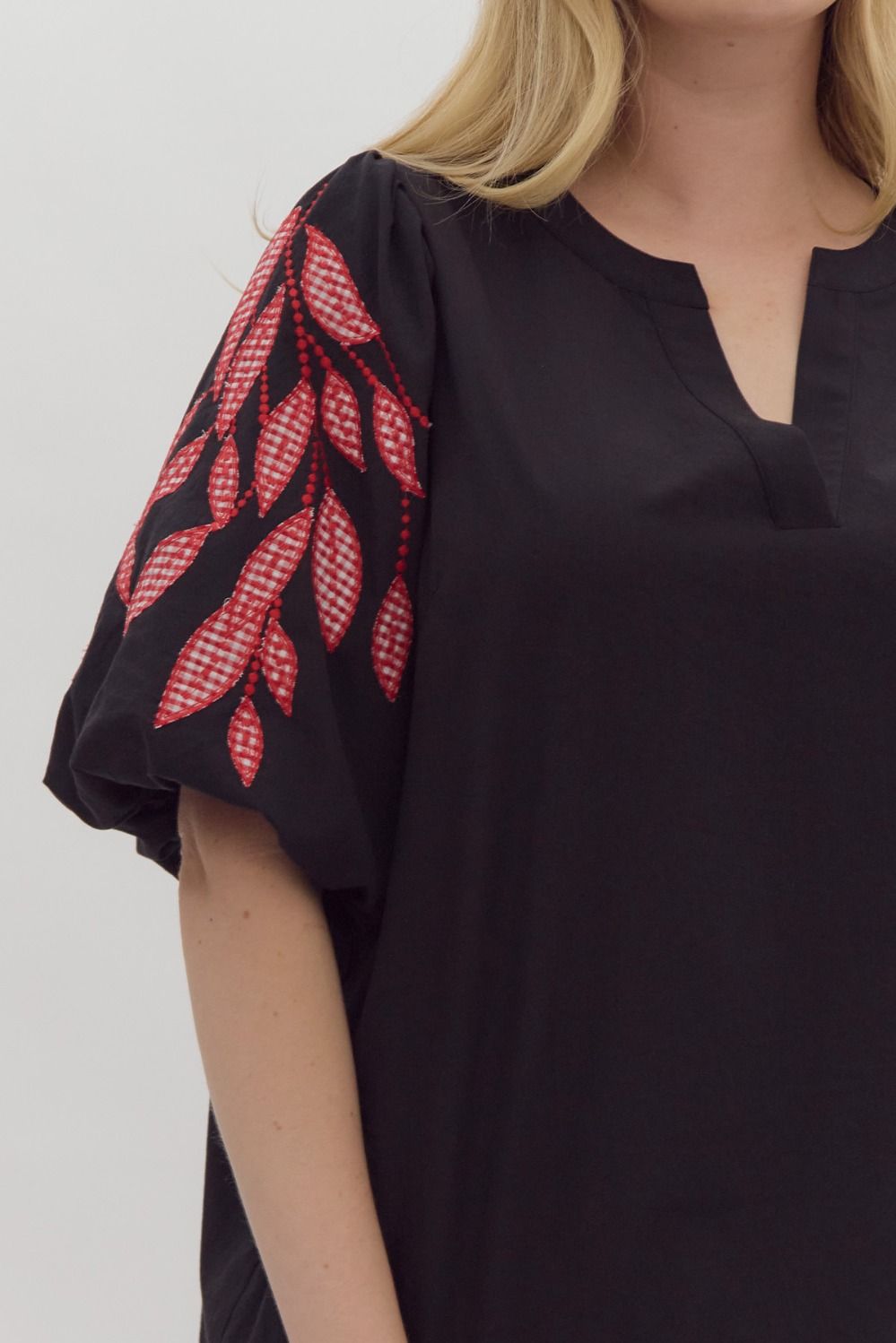 Leaf Embroidered Bubble Sleeve Top