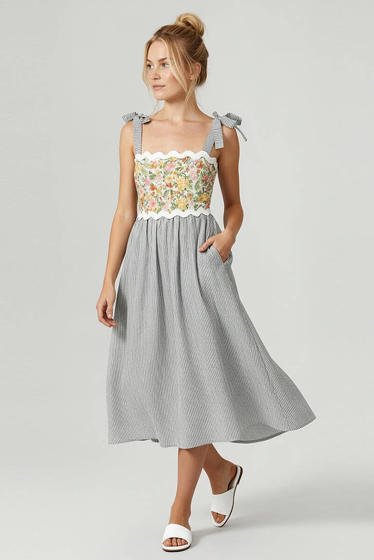 STRAP SHOULDER RIC RAC FLORAL STRIPE MIDI DRESS