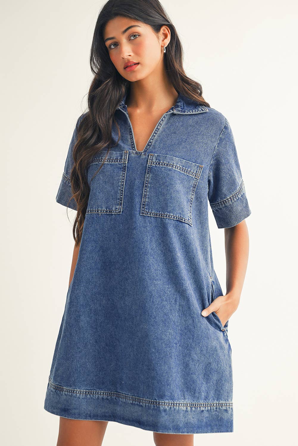 Short Sleeve Collared Patched Pocket Denim Mini Dress