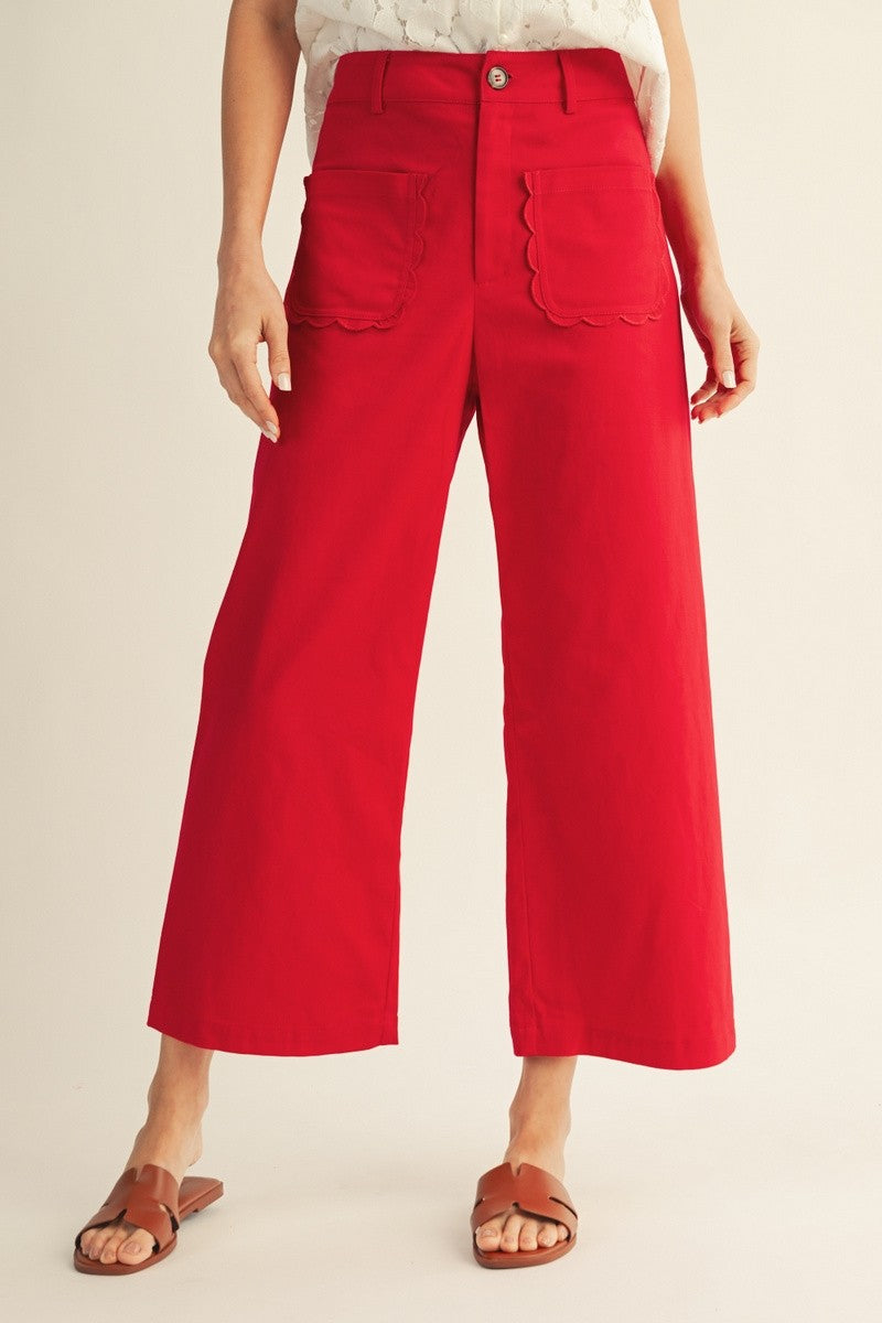 Scallop Edge Pocket Detail Wide Leg Pants