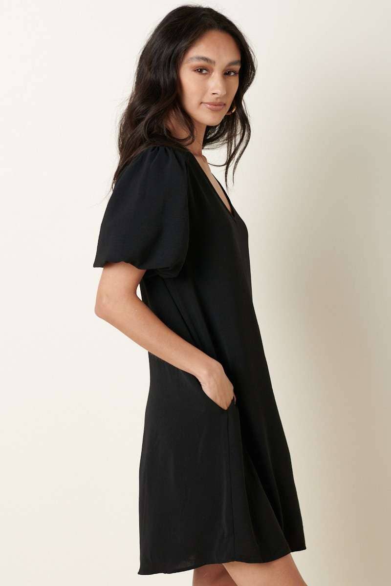 Black AIRFLOW V NECK PUFF SLEEVE MINI DRESS