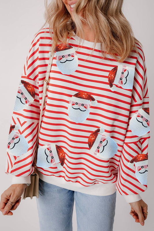 Striped Sequin Santa Claus Christmas Pullover Sweatshirt