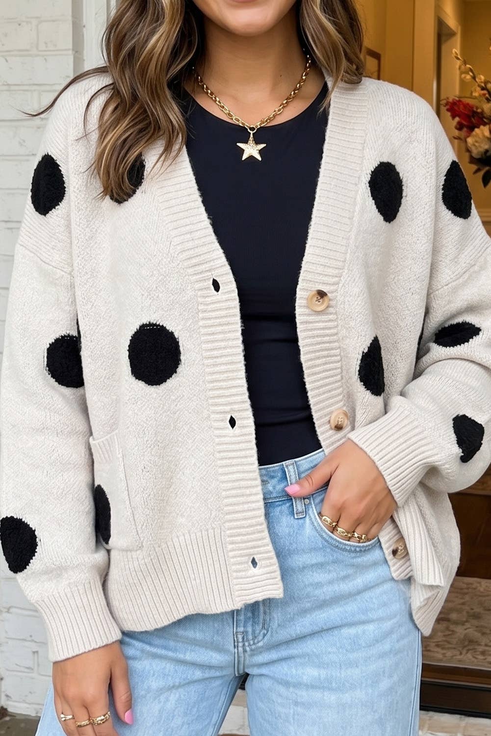 Polka Dot Oversized Button Front Cardigan