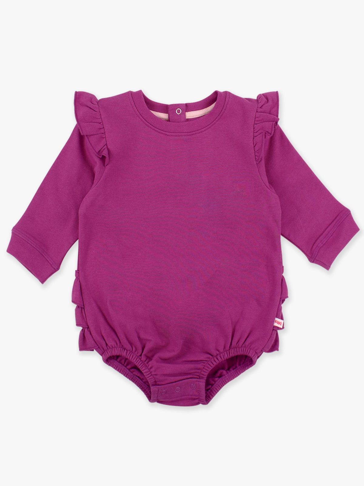 Baby Girls Plum Tart Sweatshirt Bubble Romper with Signature Rear Ruffles