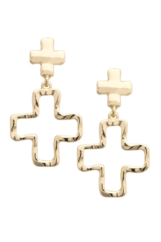 Haley Hammered Double Cross Drop Earrings in Shiny Gold