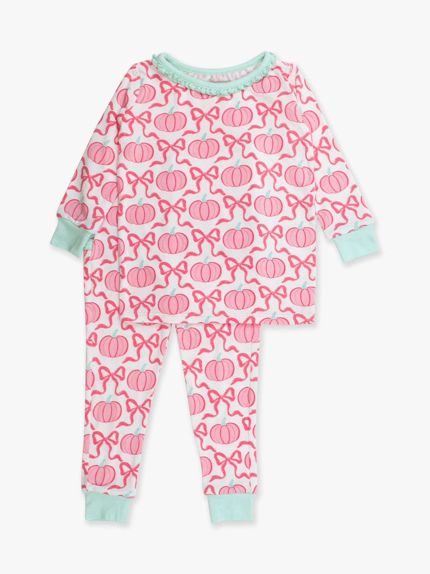 SoftSnooze™ Toddler Girls Bamboo Viscose Pink Fairytale Pumpkins Ruffle Long Sleeve Pajama Set with Signature Rear Ruffles