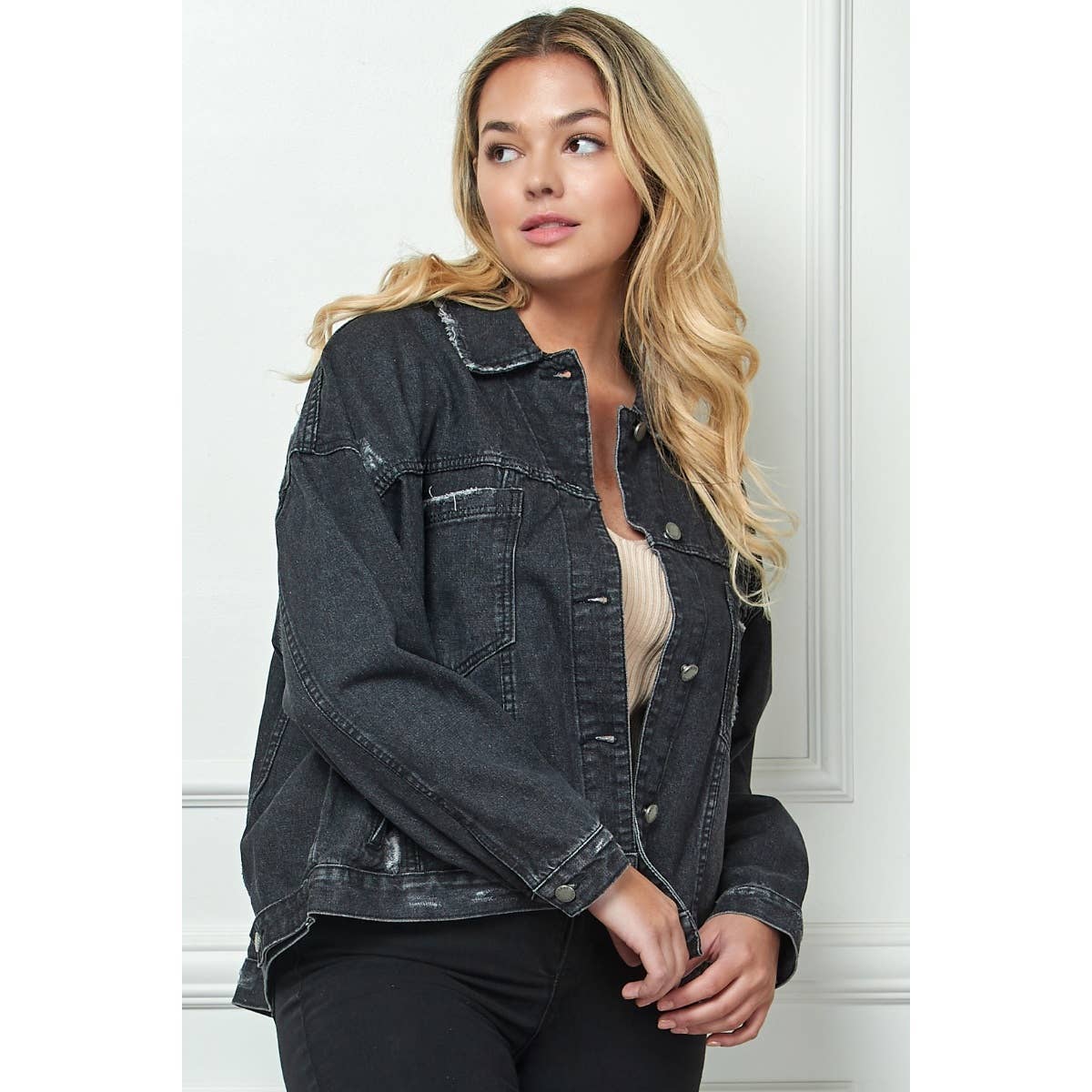 Plus Size Oversize Pleated Back Color Denim Jacket