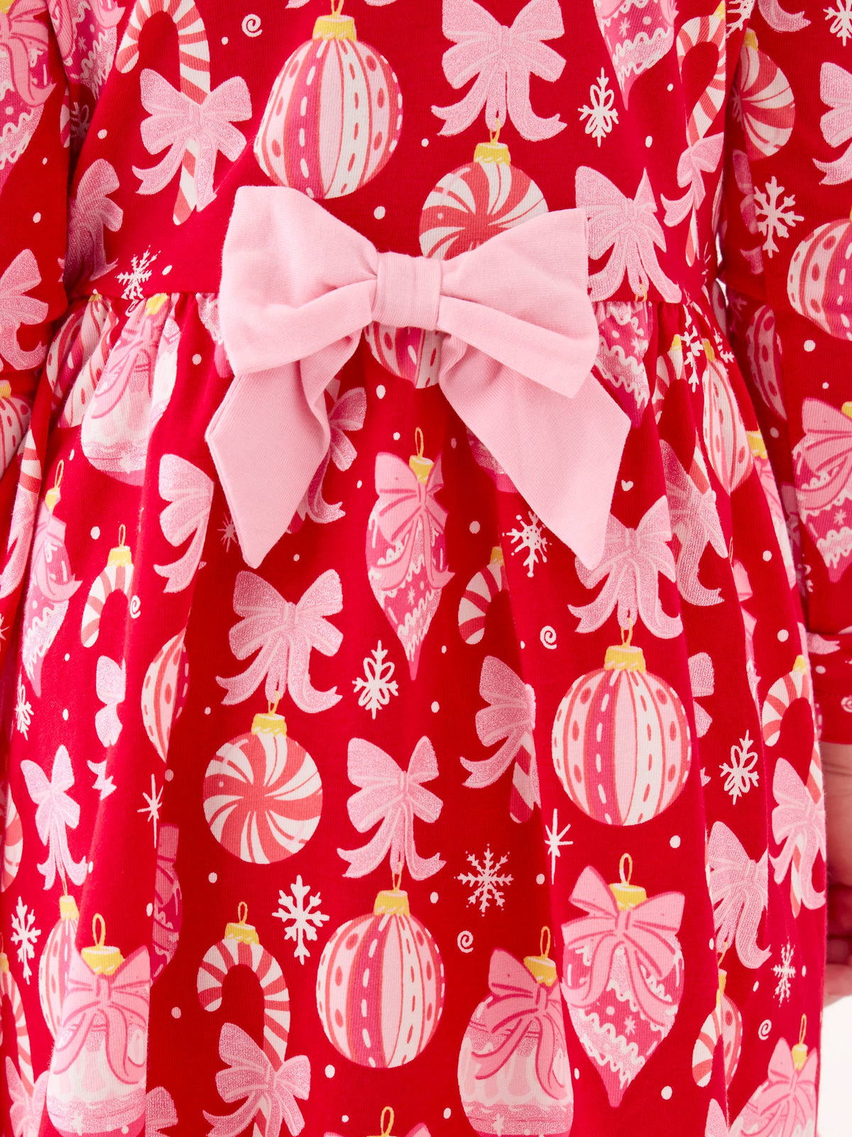 Girls Red Holly Christmas Ornament Bows Knit Long Sleeve Twirl Dress