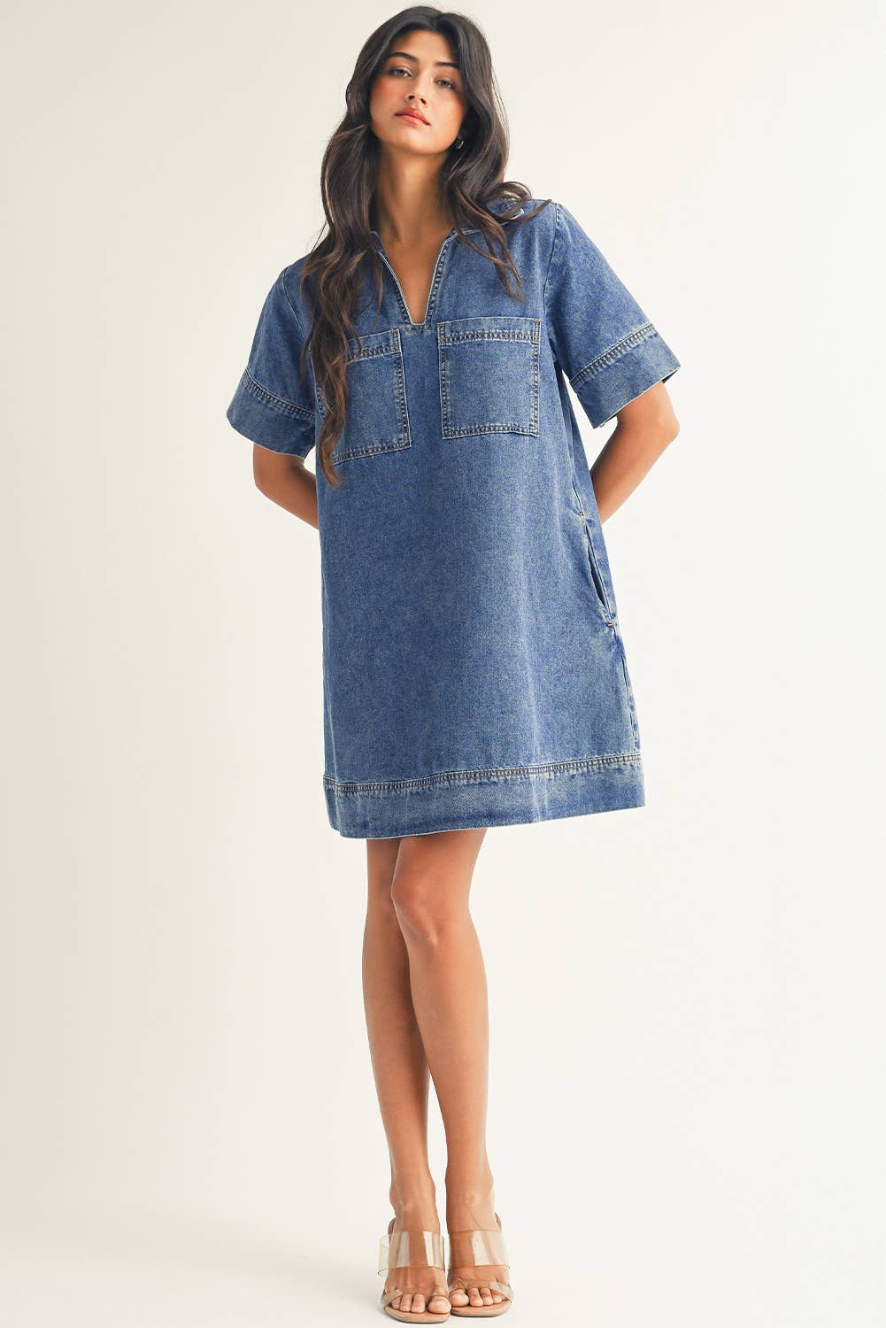 Short Sleeve Collared Patched Pocket Denim Mini Dress