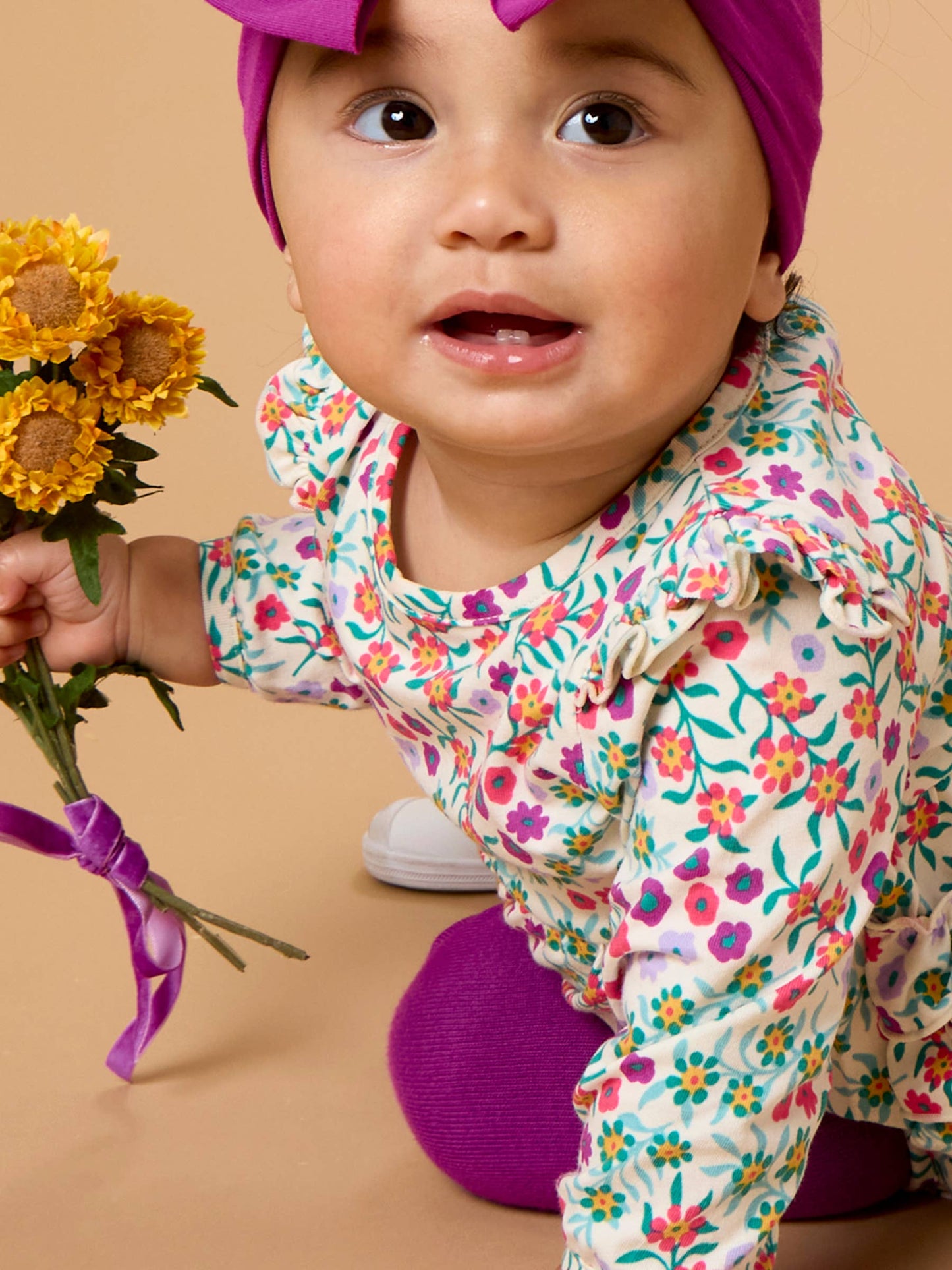 Baby Girls Wildflower Meadow Knit Long Sleeve Flutter Bubble Romper