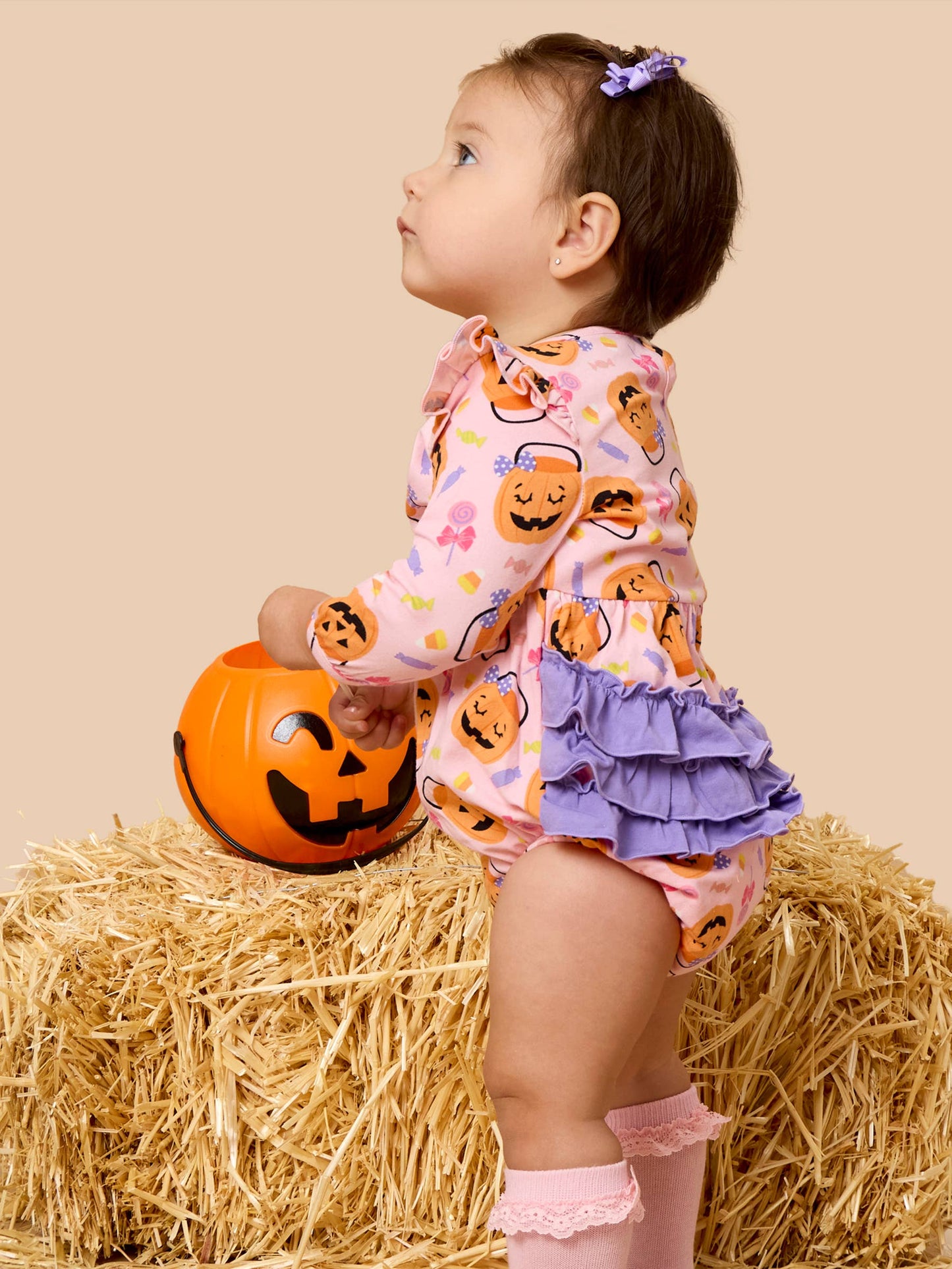Baby Girls Pumpkin Boo Crew Knit Long Sleeve Flutter Bubble Romper