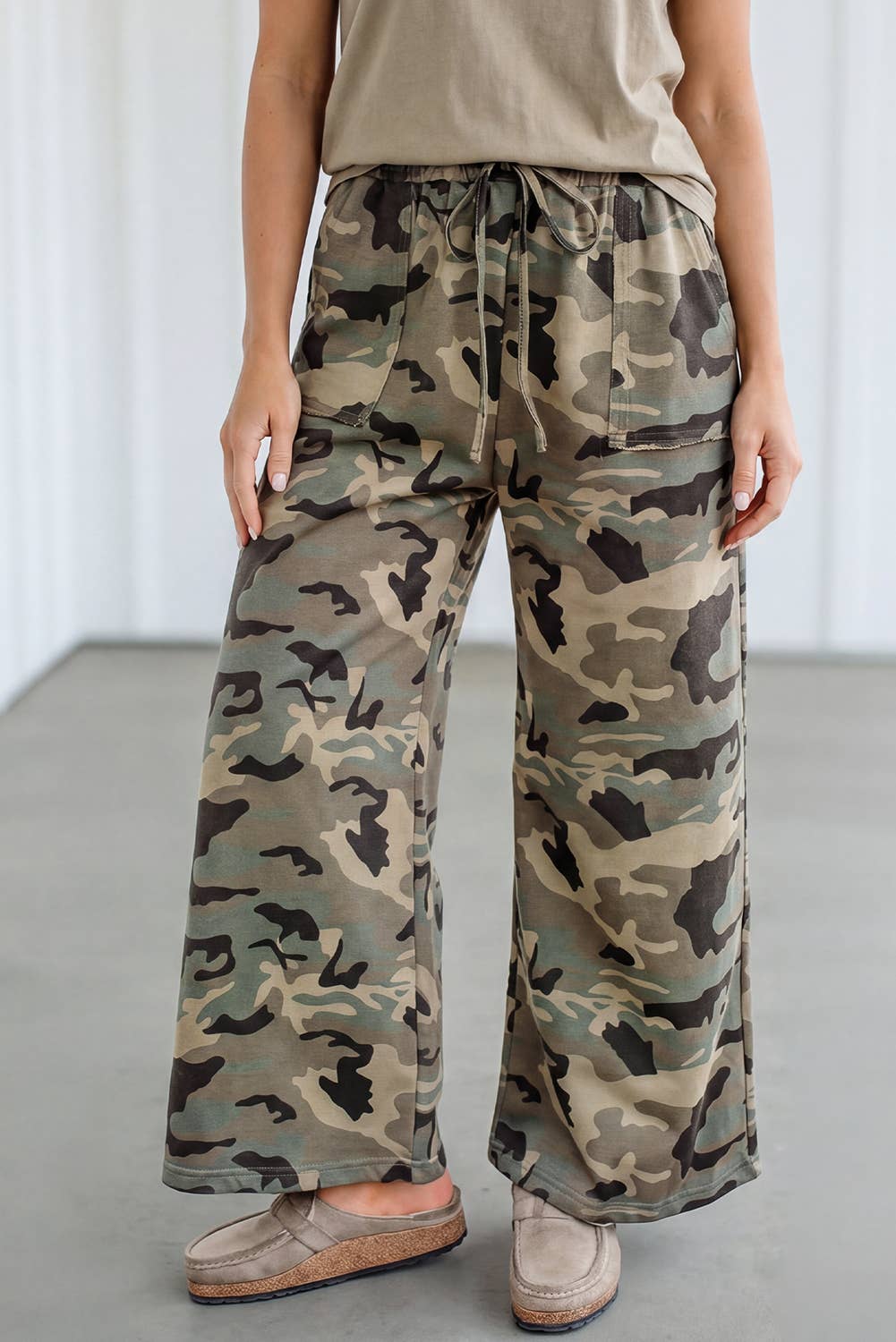 Camouflage Drawstring Wide Leg Casual Pants