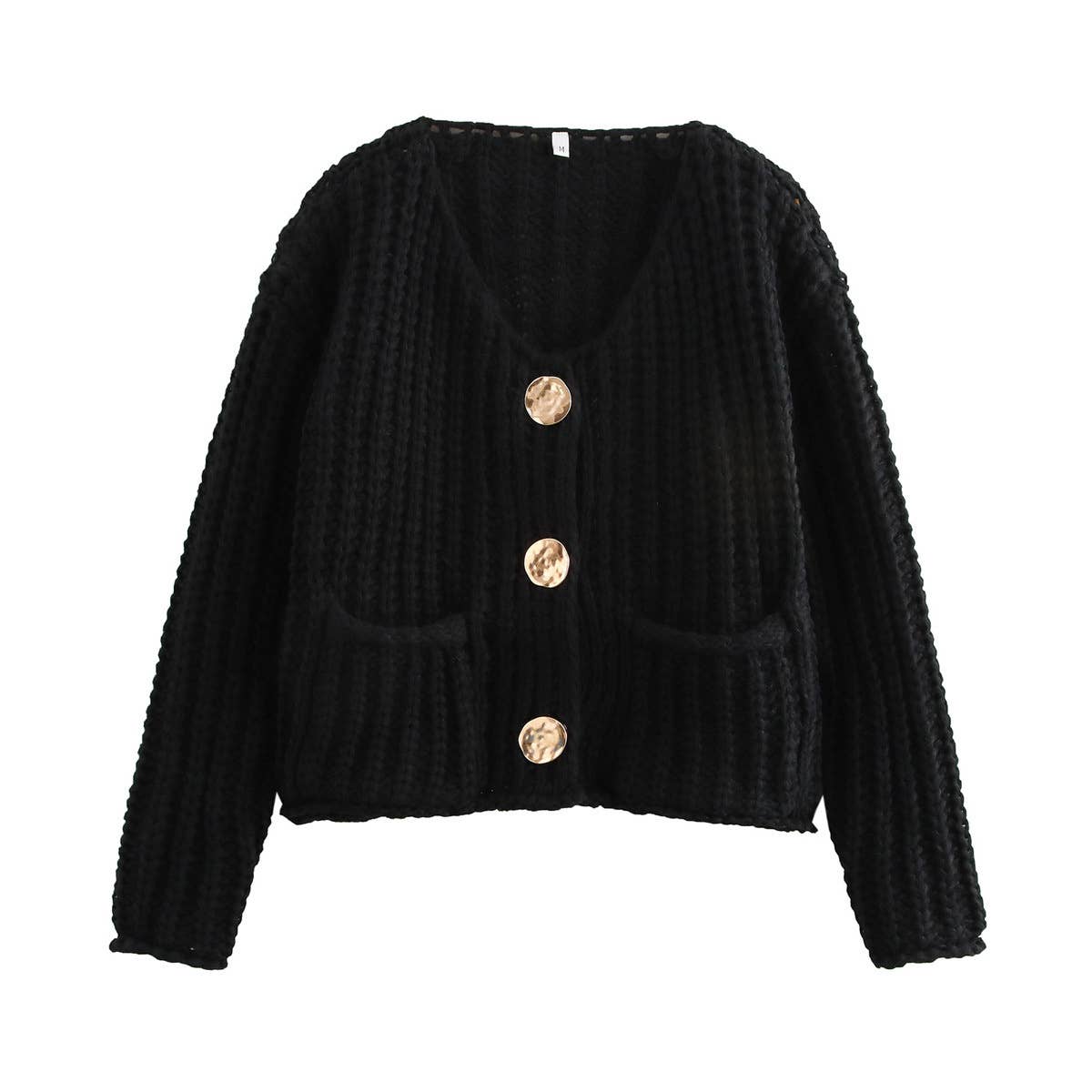 Chunky Gold Button Ribbed Knit Cardigan