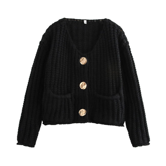 Chunky Gold Button Ribbed Knit Cardigan