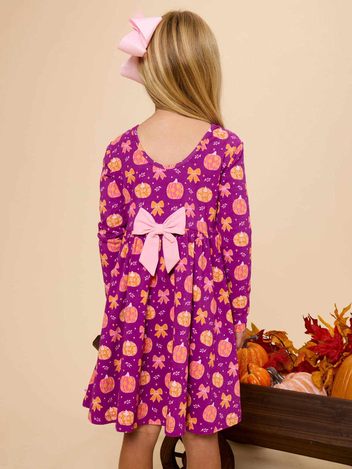 Girls Pumpkin Bow Patch Knit Long Sleeve Twirl Dress