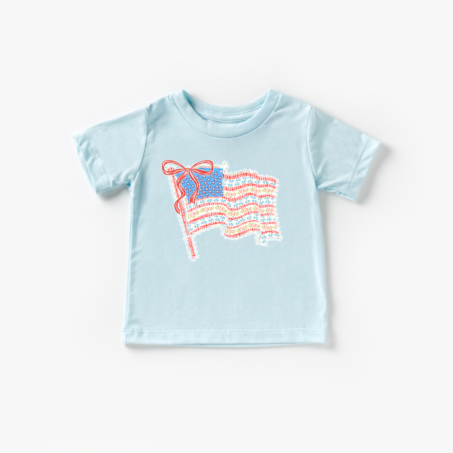 Floral Bow Flag Sparkle Fireworks 4th of July Kids Shirt