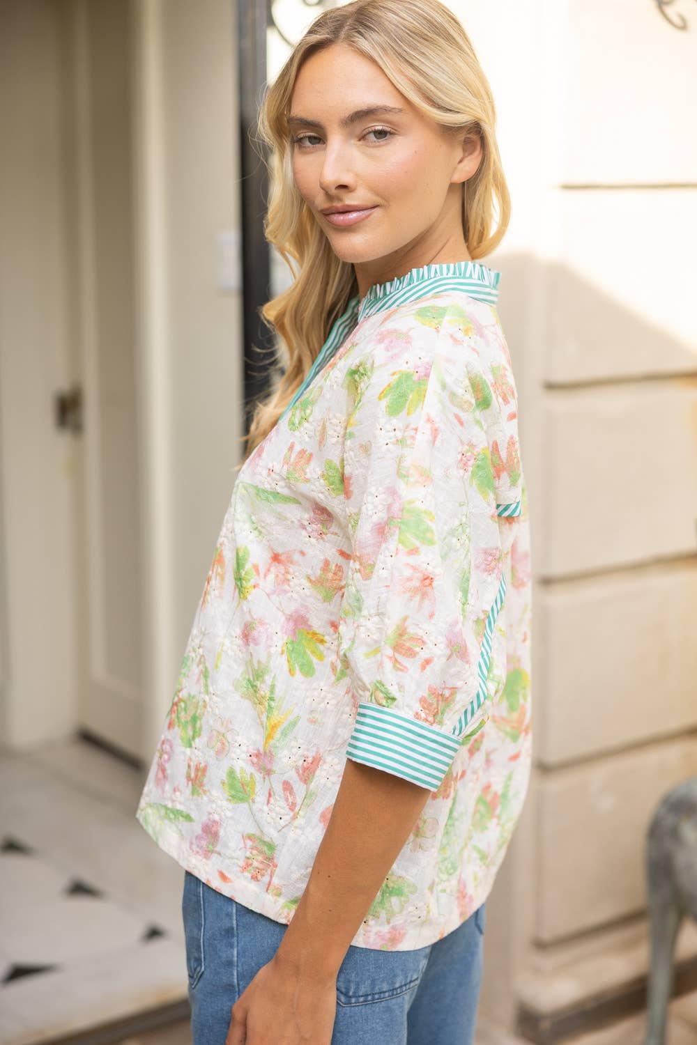 Stripe Contrast Button Down Floral Embroidered Top