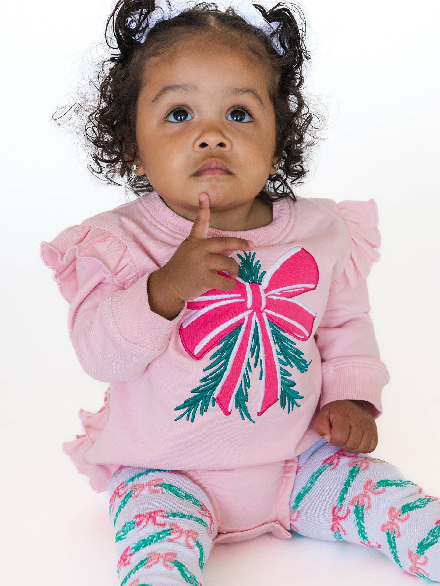 Baby Girls Pink Mistletoe Bow Applique Sweatshirt Bubble Romper