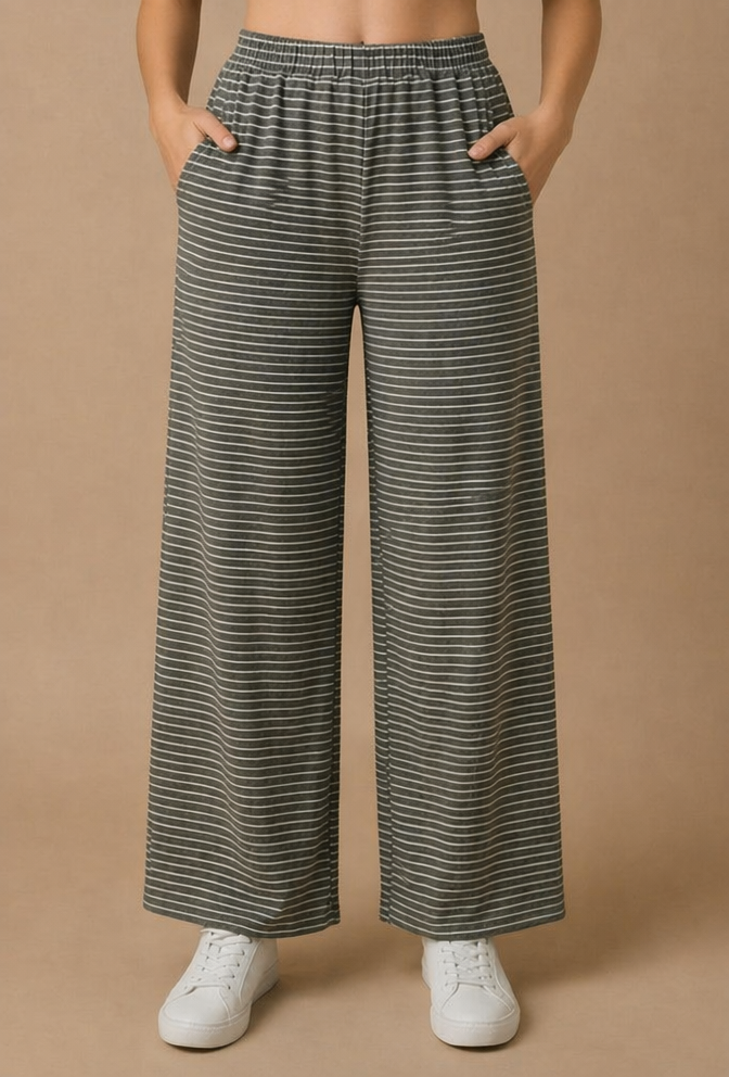 Stripe Elastic Waist With Side Pockets Pants