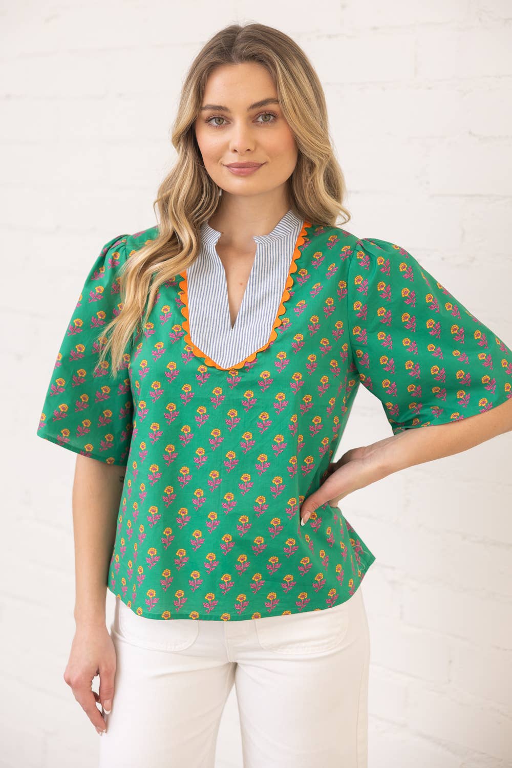 Wavy Trim Striped Yoke Print Top