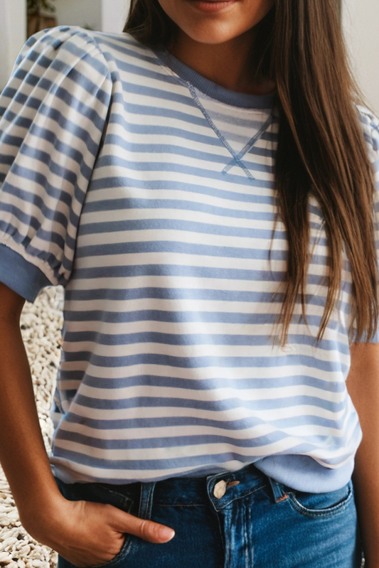 Stripe Short Bubble Sleeve T Shirt