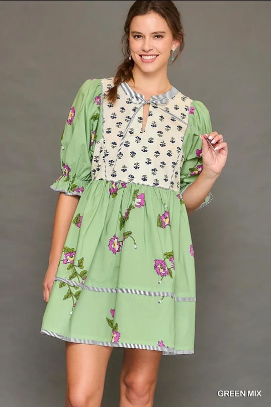 Green Mix Baby Doll Mini Dress