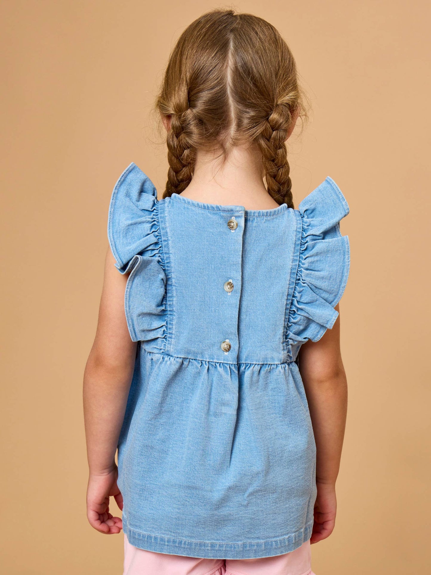 Girls Light Wash Stretch Denim Sleeveless Ruffle Top