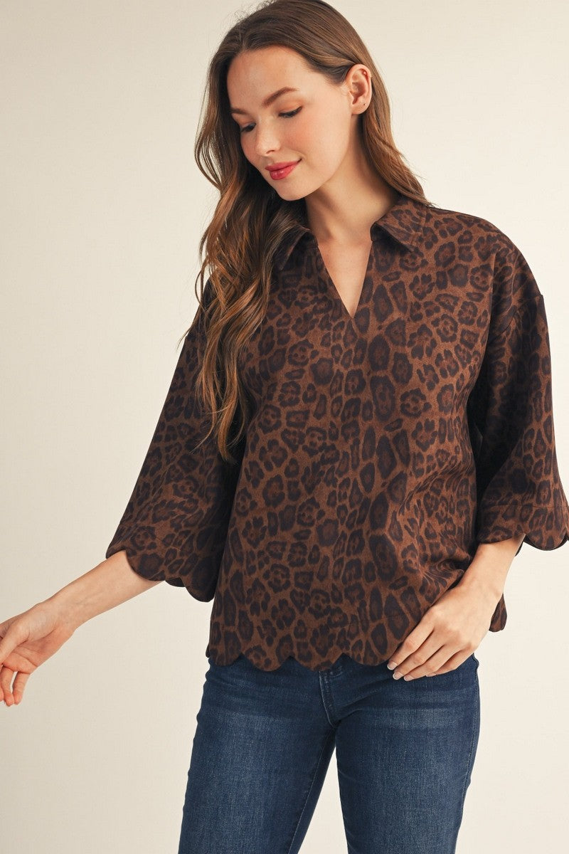 Scallop Edge Detail Leopard Suede Top