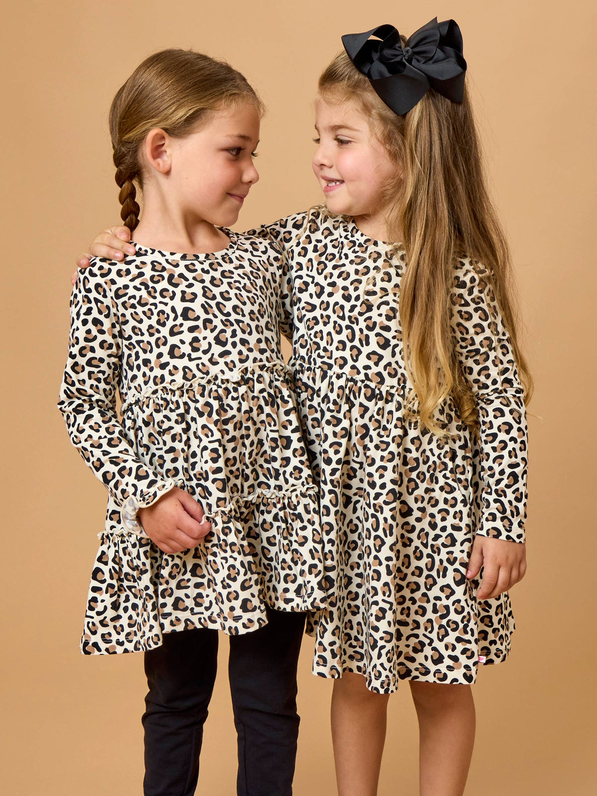 Girls Classic Leopard Knit Long Sleeve Twirl Dress