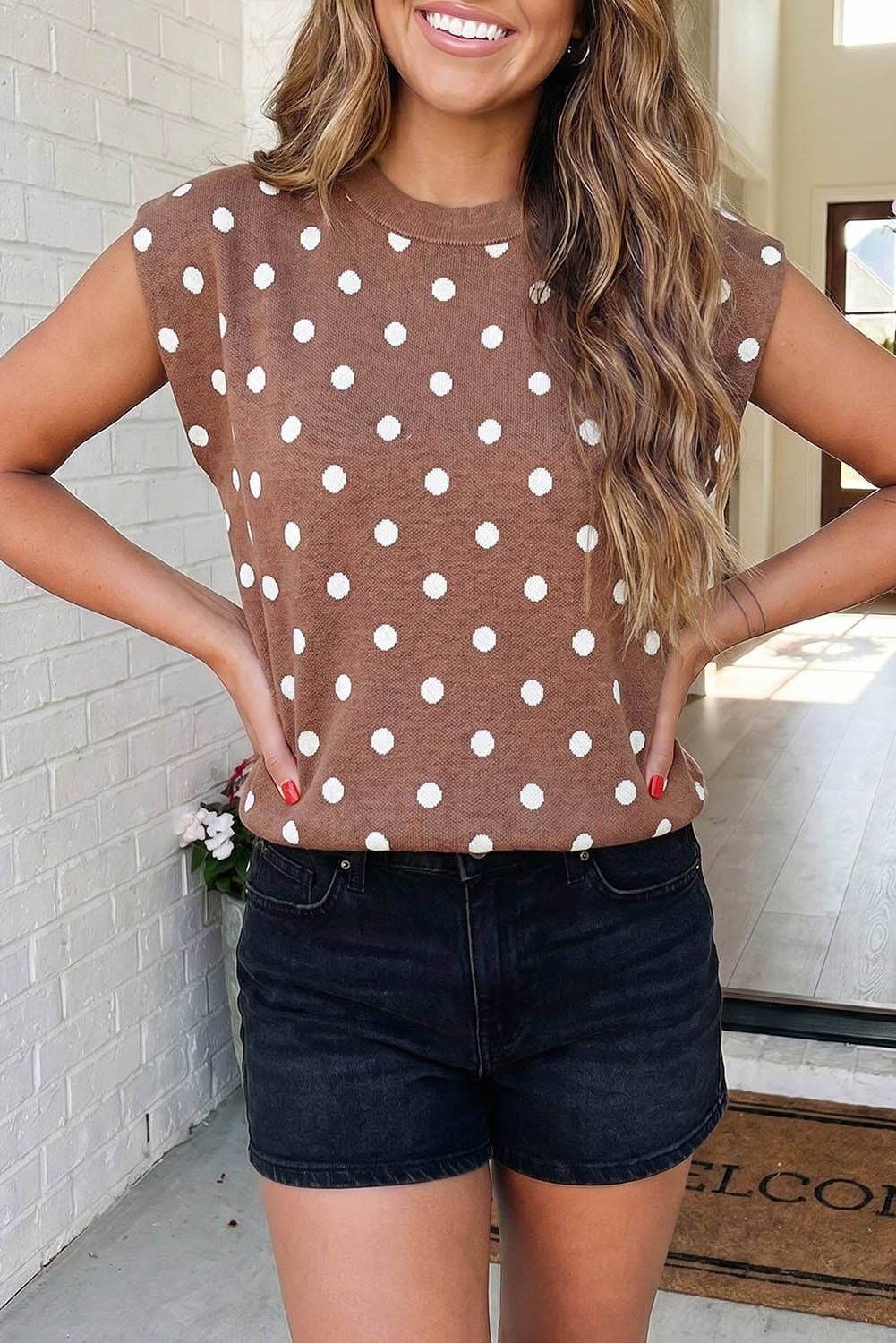 Polka Dot Cap Sleeve Knit Sweater Top