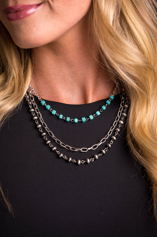 3 Strand Layered Chain Necklace W/ Turquoise & Faux Navajo