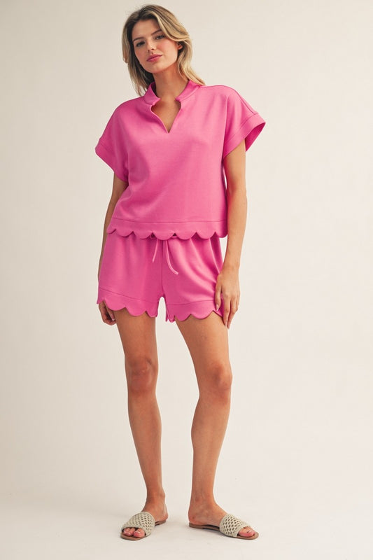 Scallop Hem Detail Solid Top & Shorts Sets