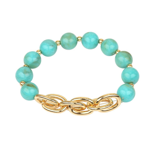 Turquoise Beaded with Gold Chain Stretch Bracelet