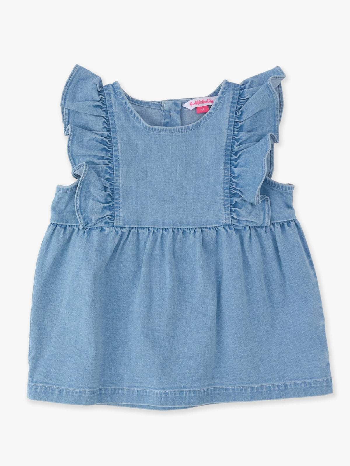 Girls Light Wash Stretch Denim Sleeveless Ruffle Top