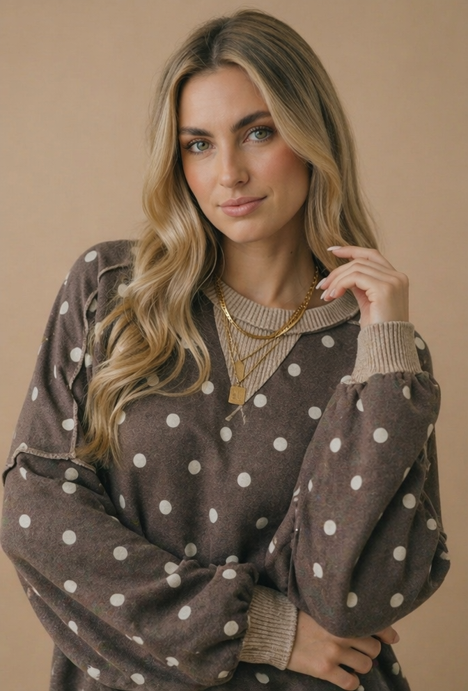 Plus Crew Neck Polka Dot Reverse Stitch Pullover