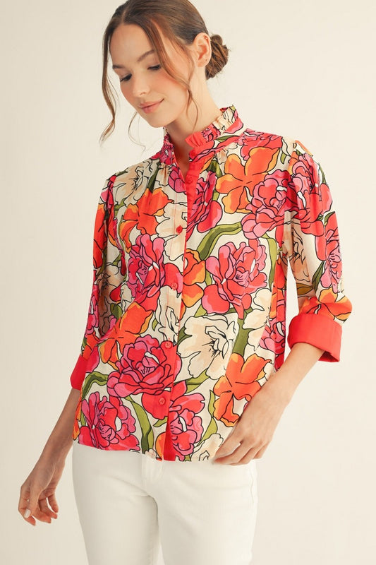 Solid Contrast Accent Floral Top