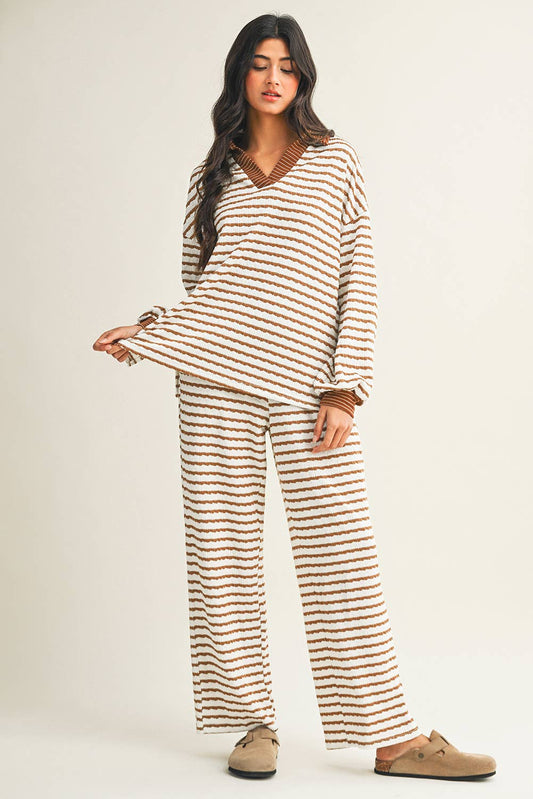 Stripe Collared Pullover Top and Drawstring Pant Set