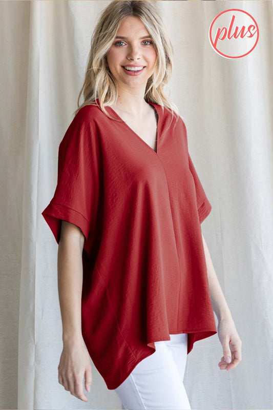 Curvy Solid V-neck Boxy Top