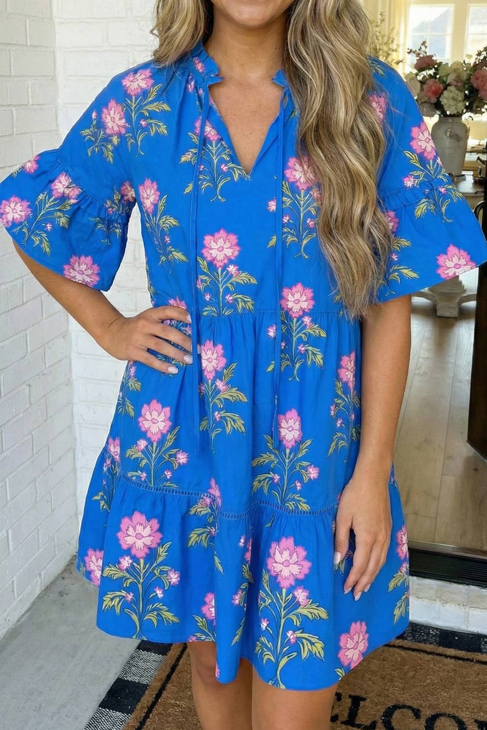 Blue Neck Short Sleeve Loose Flower Dress