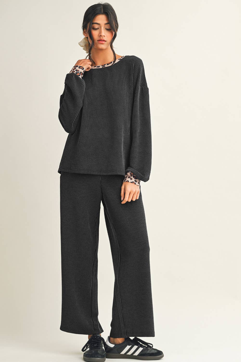 Twisted Rib Leopard Patchwork Detail 2pcs Pant Set