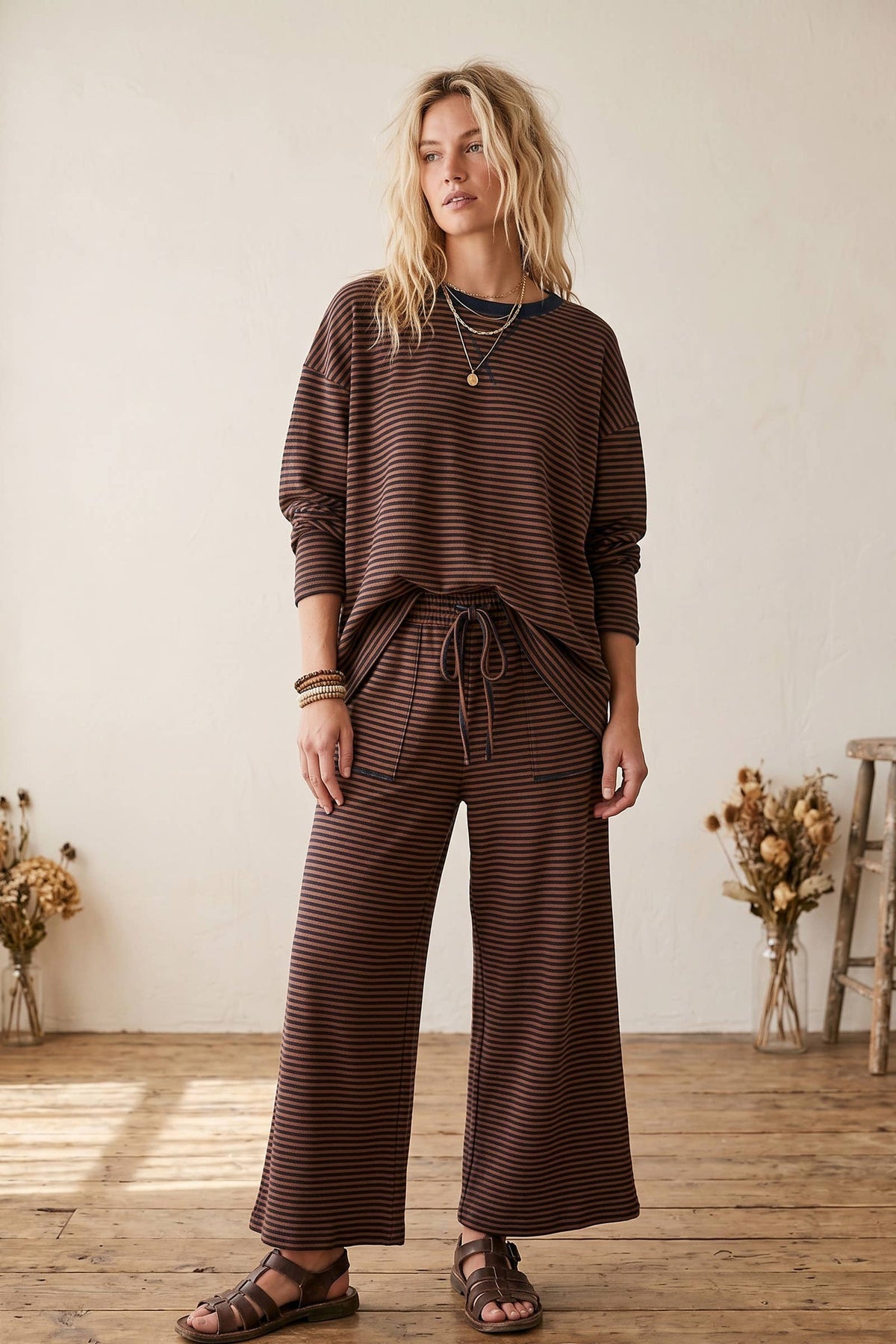 Striped Relaxed Top & Wide Leg Pants Knit Set